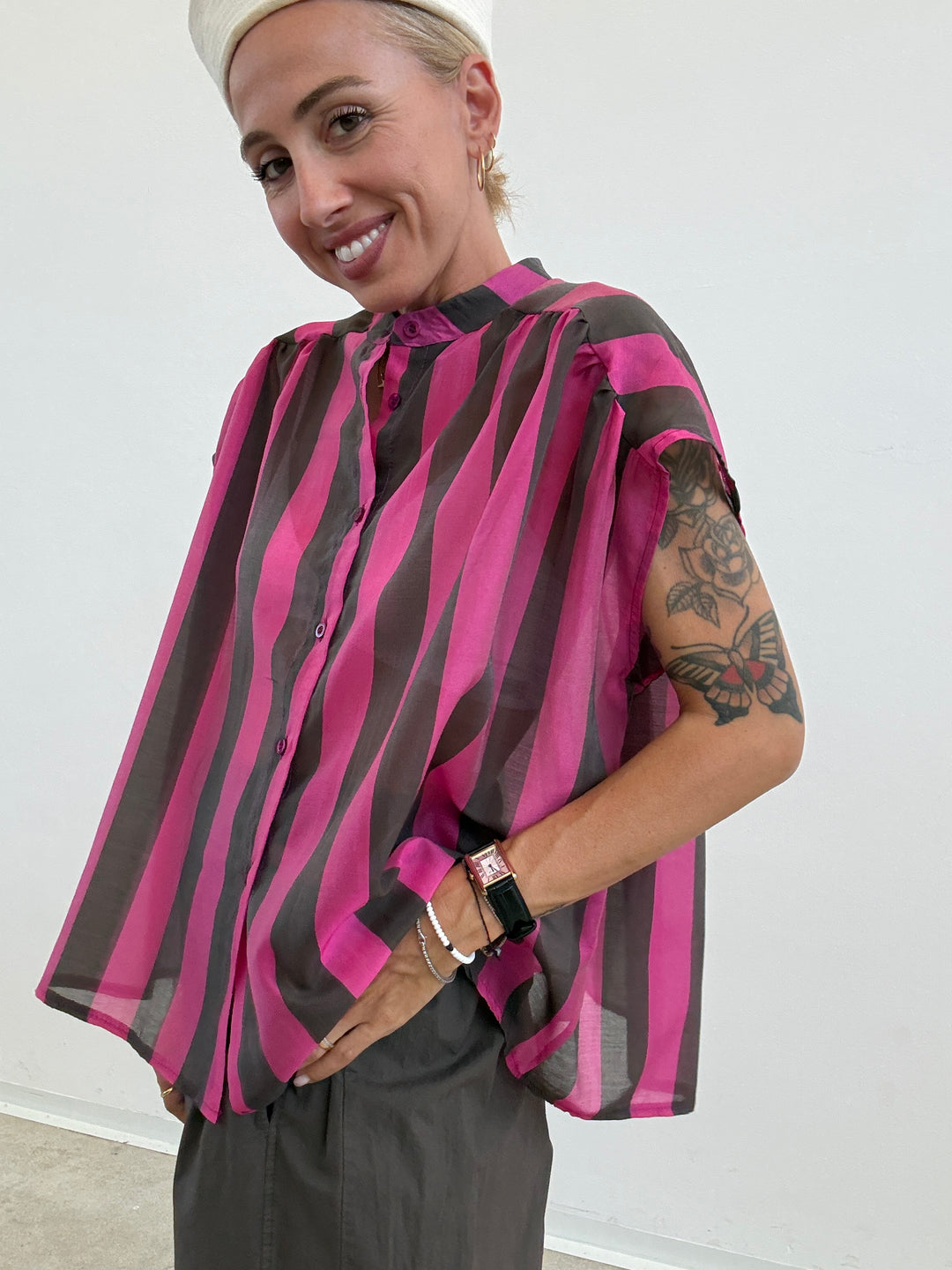 CAMICIA GIROMANICA RIGHE CIOCCO/MAGENTA