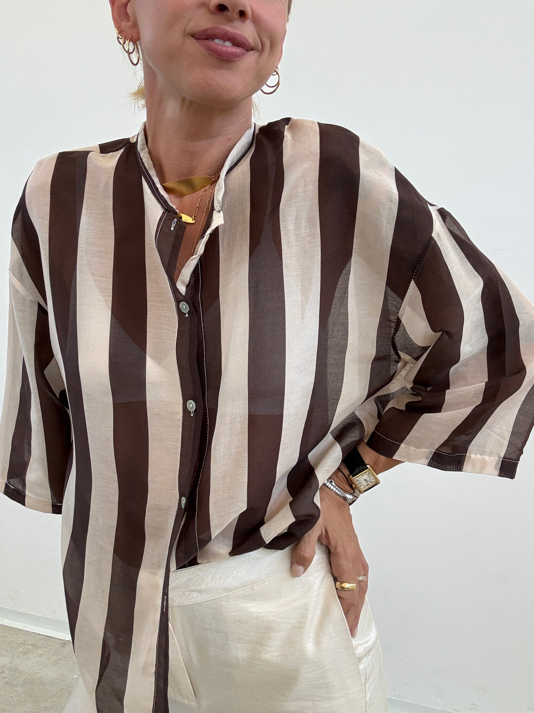 CAMICIA MANICA CORTA RIGHE CIOCCO/ AVORIO