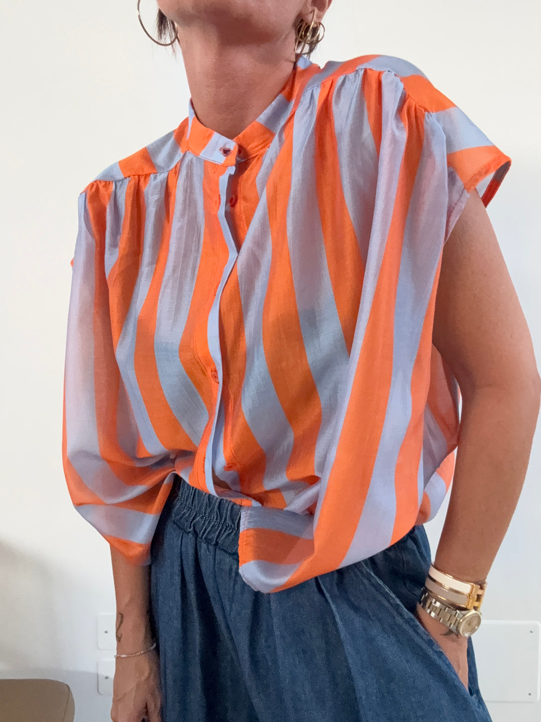 CAMICIA GIROMANICA RIGHE ORANGE/CELESTE