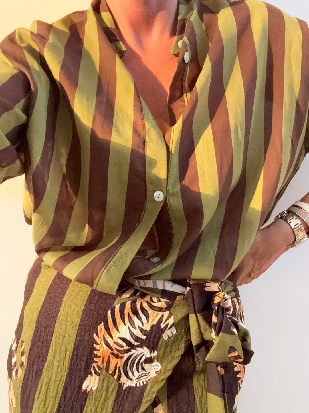 MINIGONNA PAREO TIGER RIGHE OLIO MOKA