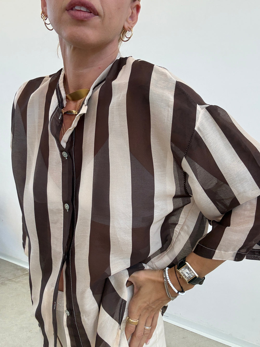 CAMICIA MANICA CORTA RIGHE CIOCCO/ AVORIO