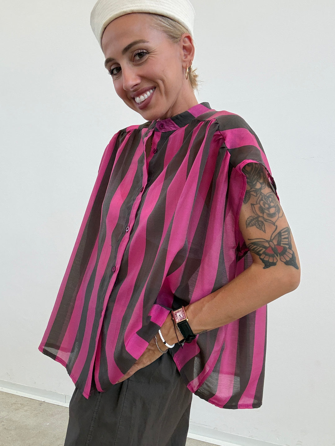 CAMICIA GIROMANICA RIGHE CIOCCO/MAGENTA