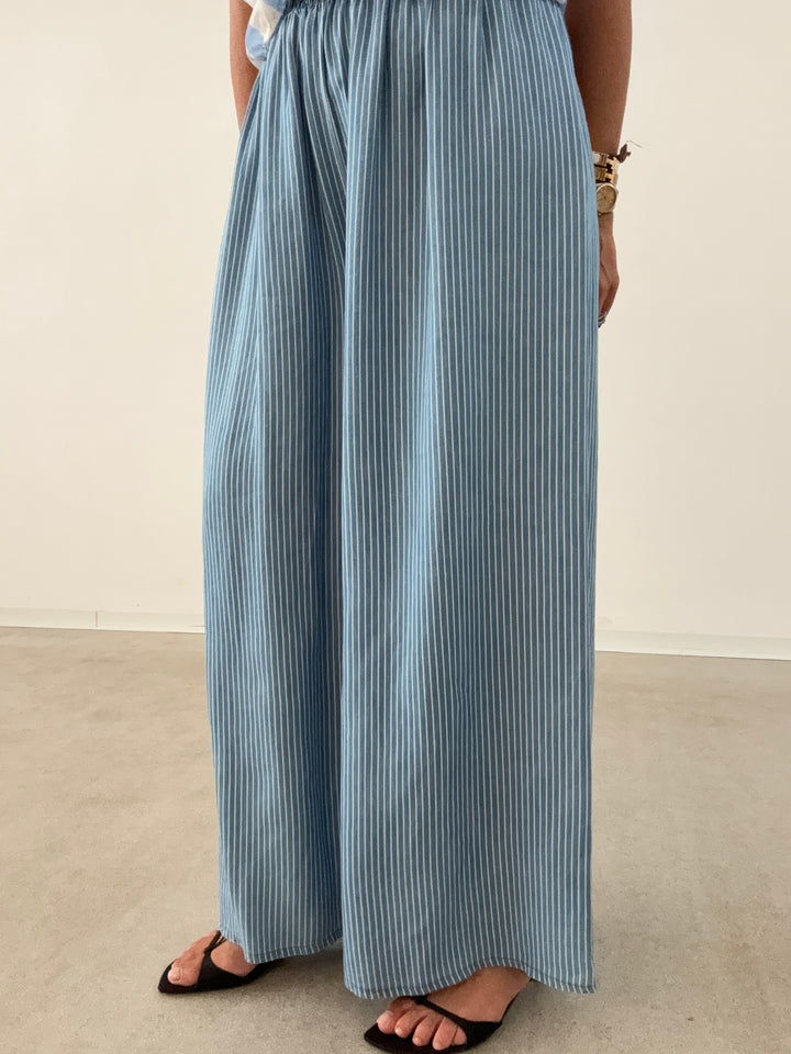 PANTA RIGHE EFFETTO DENIM CHIARO