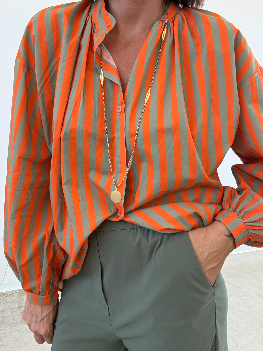CAMICIA MUSSOLA RIGA ARANCIO/VERDE