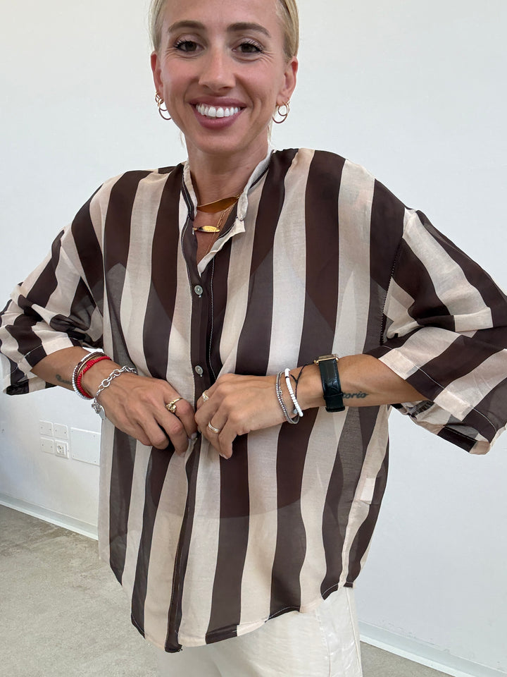 CAMICIA MANICA CORTA RIGHE CIOCCO/ AVORIO
