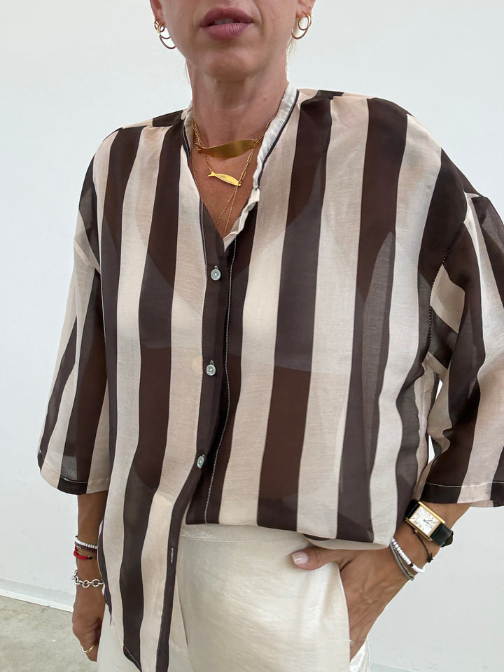CAMICIA MANICA CORTA RIGHE CIOCCO/ AVORIO