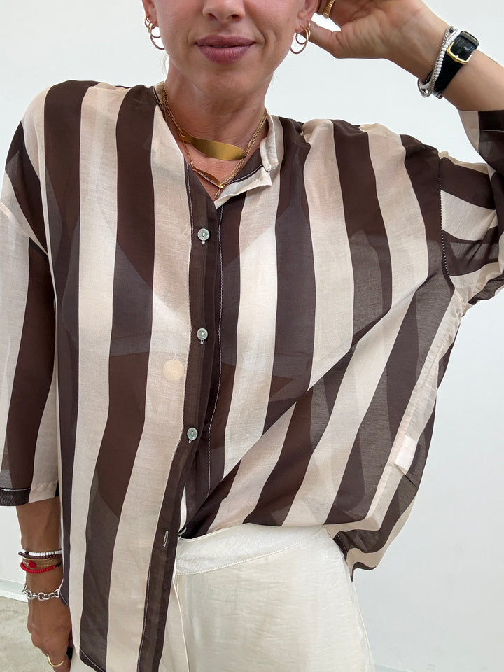 CAMICIA MANICA CORTA RIGHE CIOCCO/ AVORIO