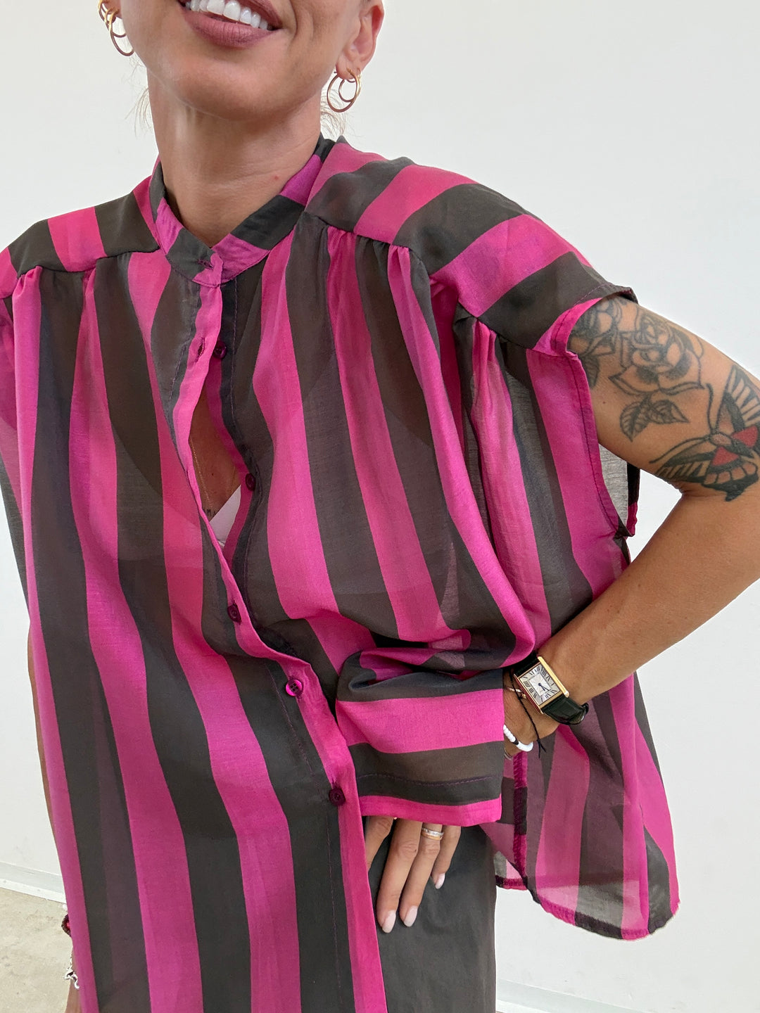 CAMICIA GIROMANICA RIGHE CIOCCO/MAGENTA