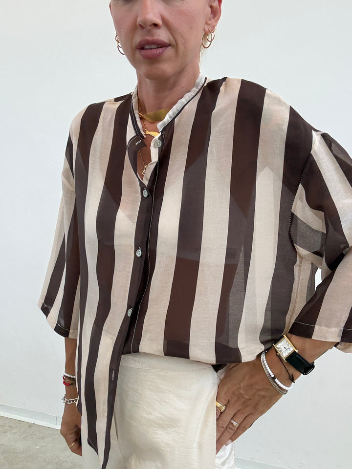CAMICIA MANICA CORTA RIGHE CIOCCO/ AVORIO