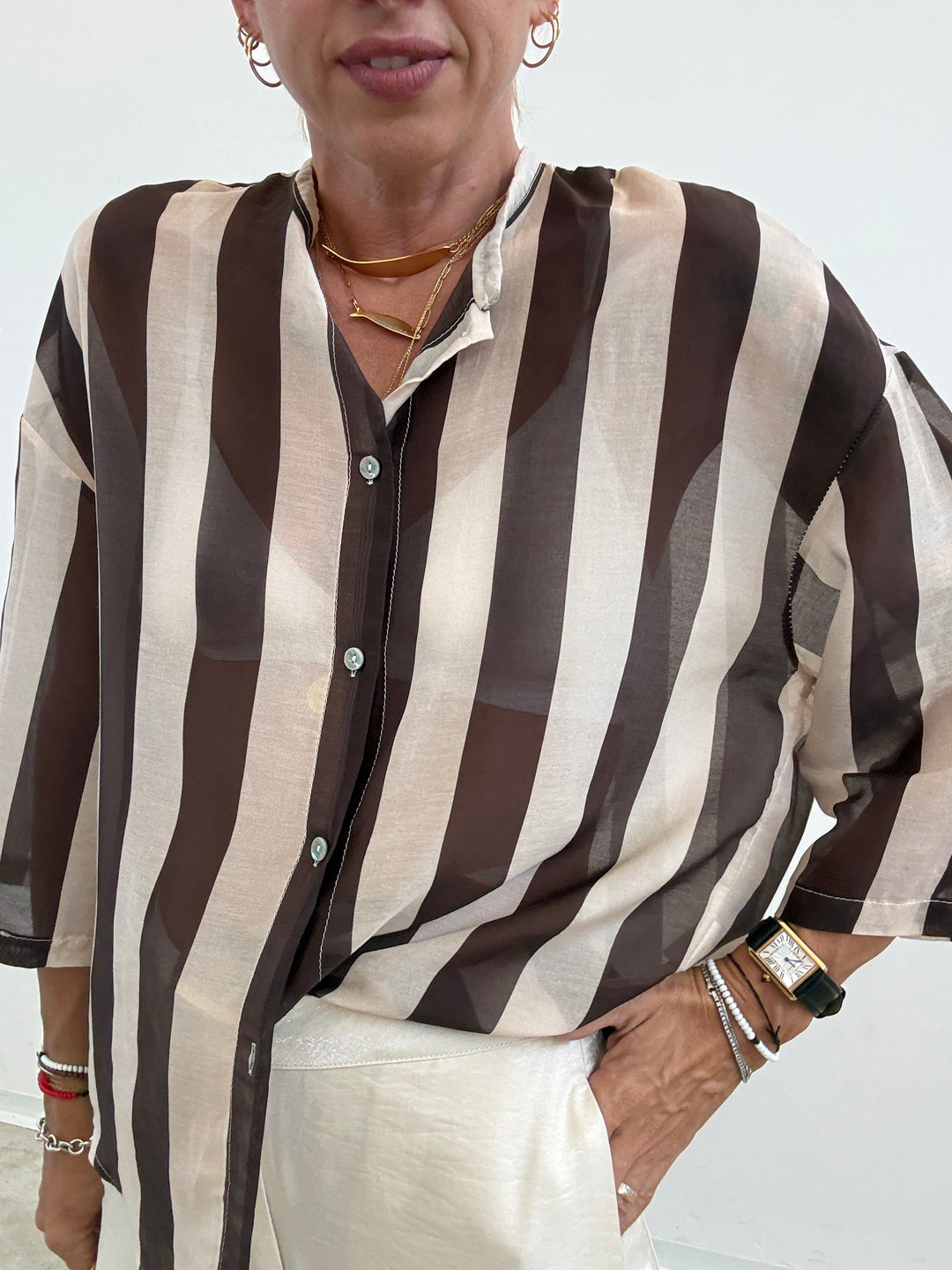 CAMICIA MANICA CORTA RIGHE CIOCCO/ AVORIO