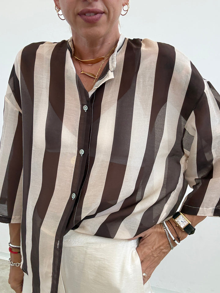 CAMICIA MANICA CORTA RIGHE CIOCCO/ AVORIO