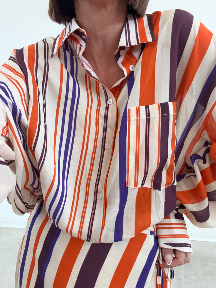 CAMICIA RIGHE VERTICALI ARANCIO VIOLA