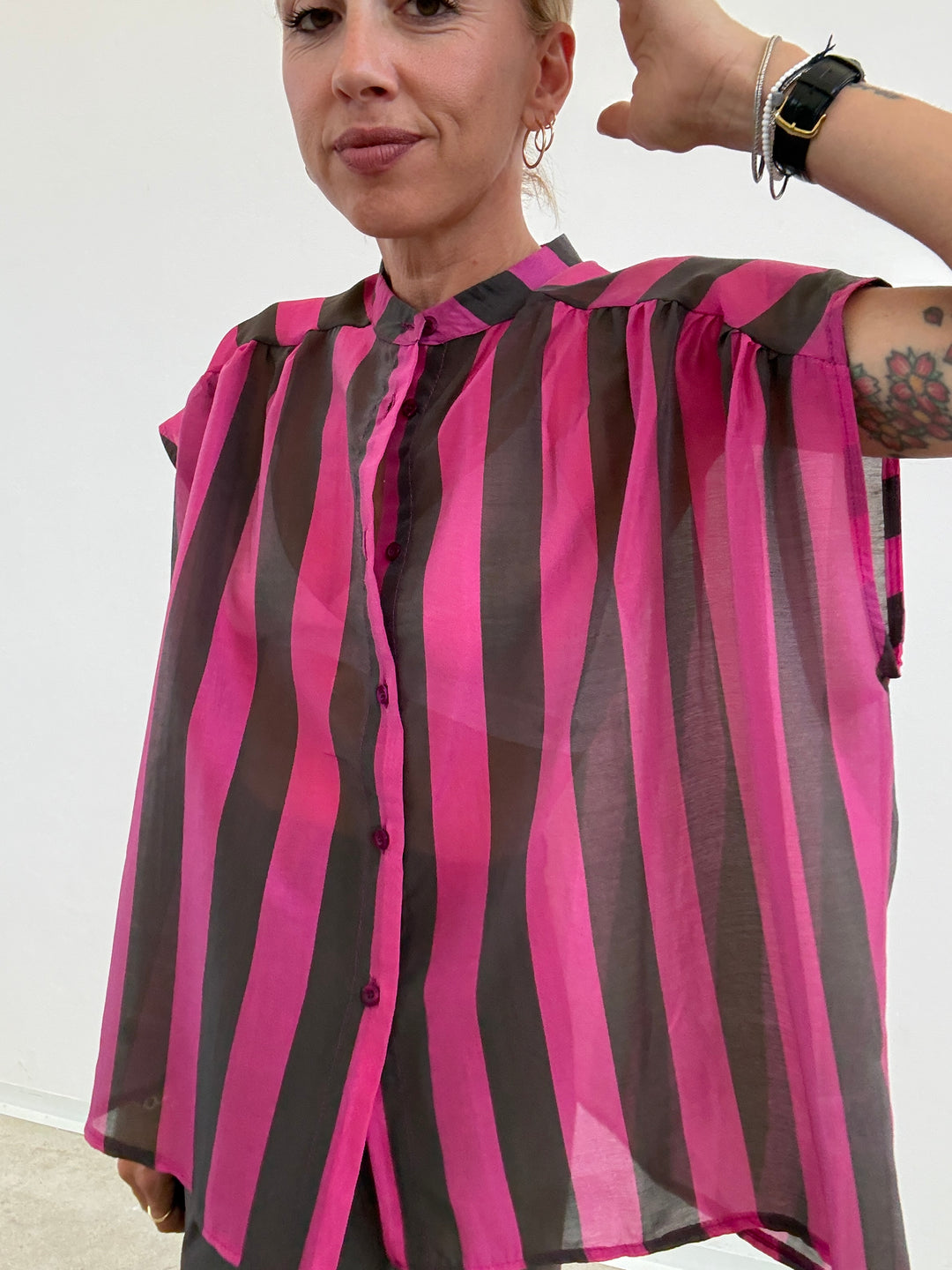 CAMICIA GIROMANICA RIGHE CIOCCO/MAGENTA