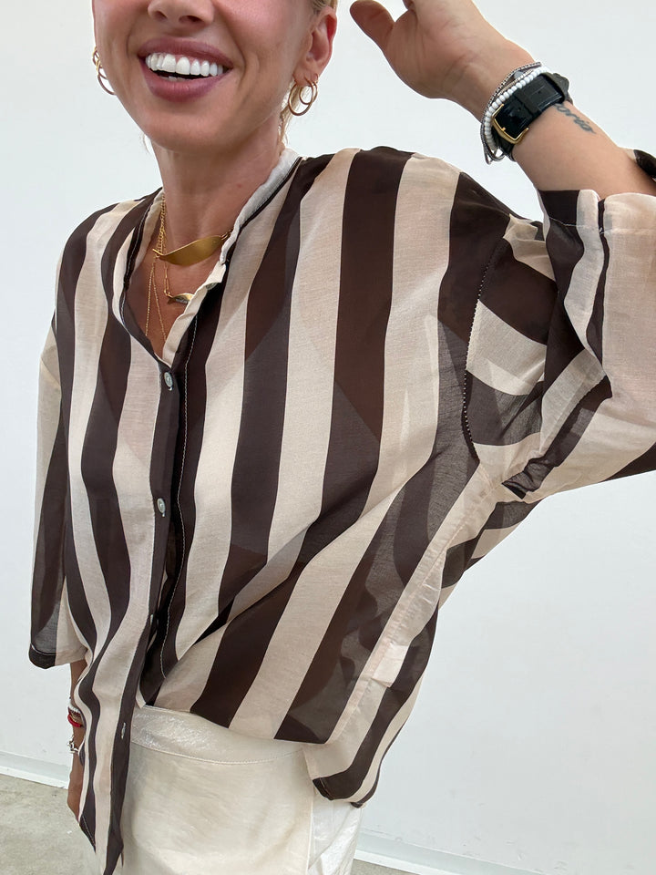 CAMICIA MANICA CORTA RIGHE CIOCCO/ AVORIO