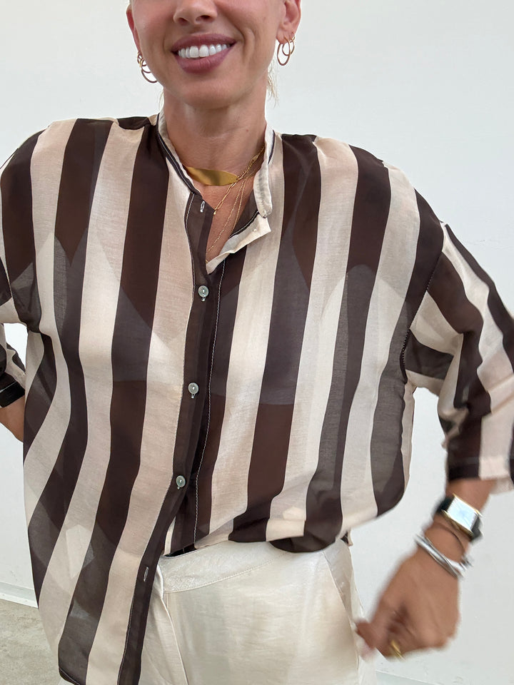 CAMICIA MANICA CORTA RIGHE CIOCCO/ AVORIO