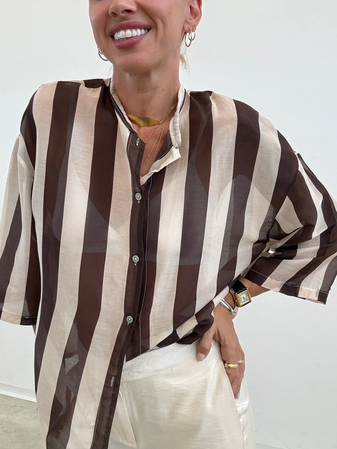 CAMICIA MANICA CORTA RIGHE CIOCCO/ AVORIO