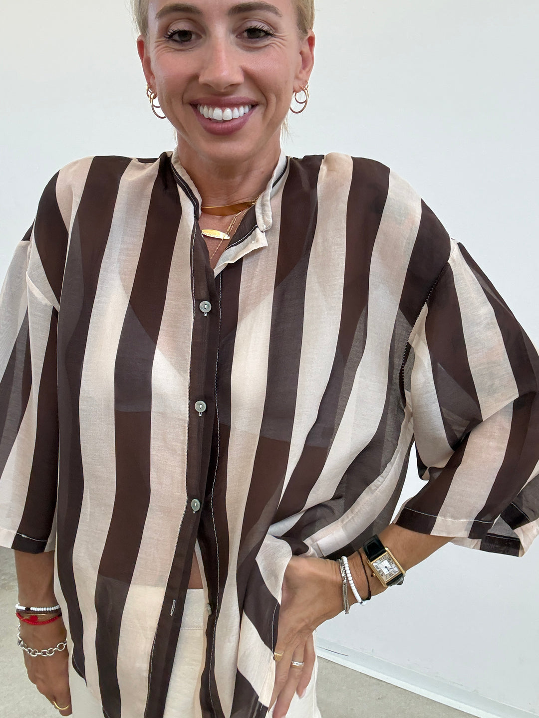 CAMICIA MANICA CORTA RIGHE CIOCCO/ AVORIO