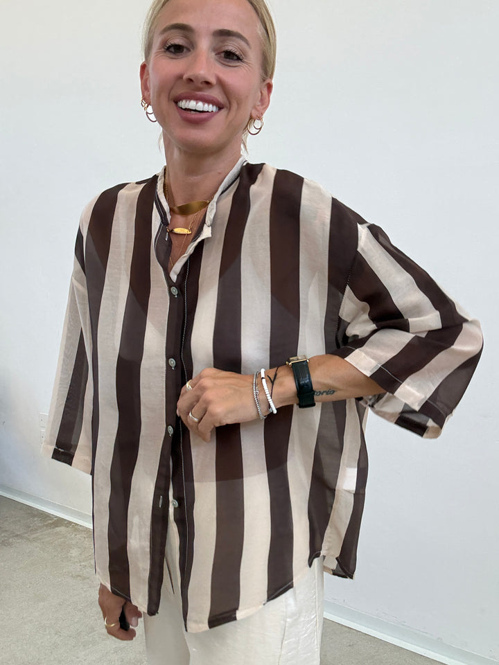 CAMICIA MANICA CORTA RIGHE CIOCCO/ AVORIO