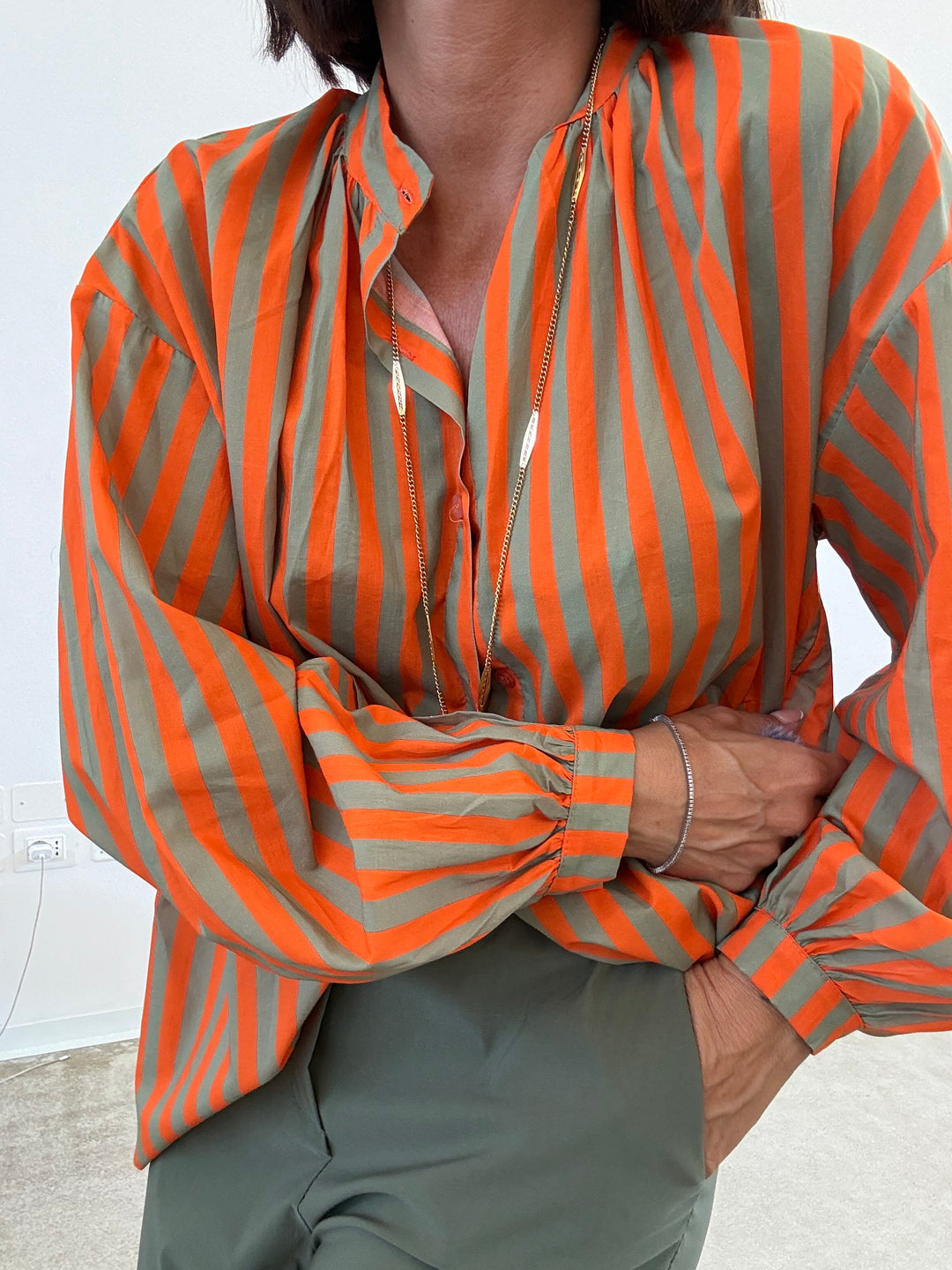CAMICIA MUSSOLA RIGA ARANCIO/VERDE