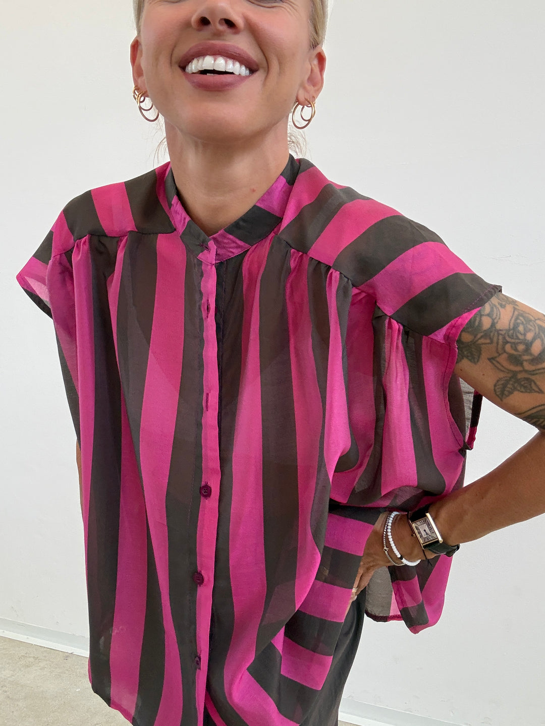 CAMICIA GIROMANICA RIGHE CIOCCO/MAGENTA