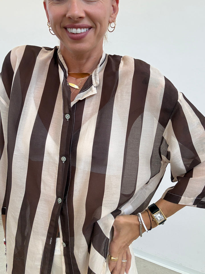 CAMICIA MANICA CORTA RIGHE CIOCCO/ AVORIO