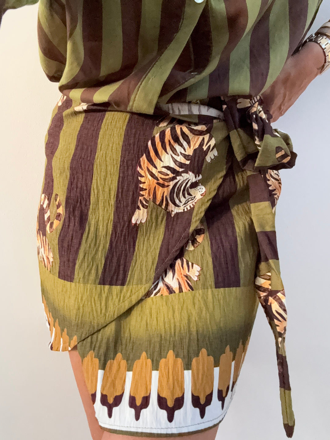 MINIGONNA PAREO TIGER RIGHE OLIO MOKA