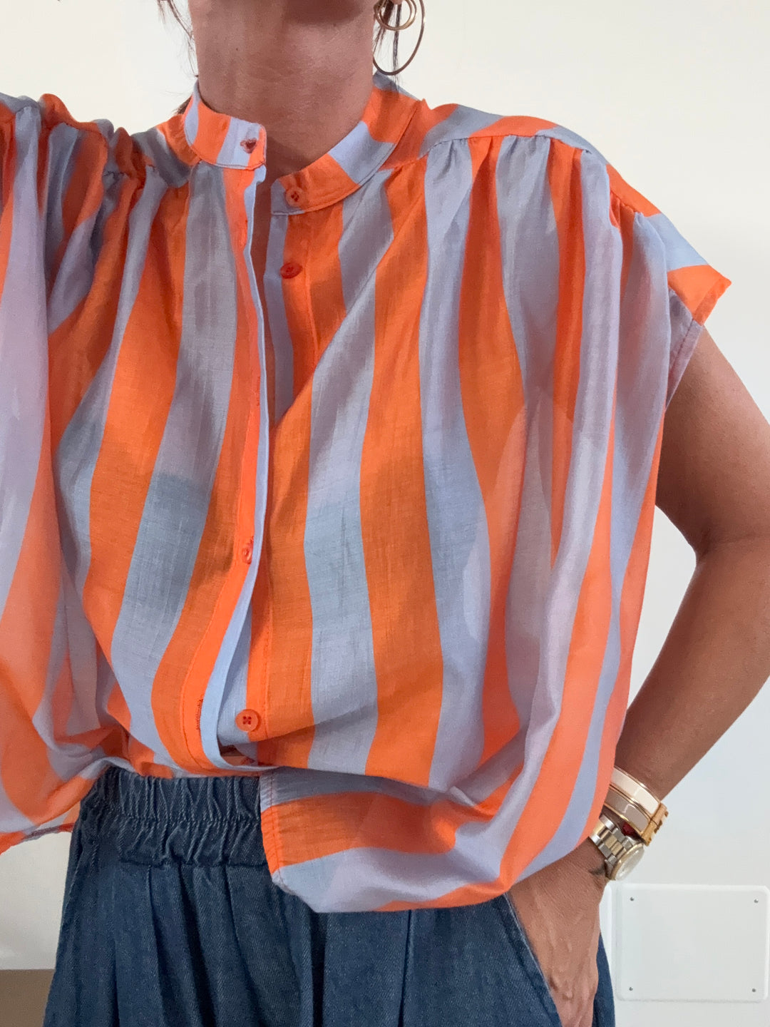 CAMICIA GIROMANICA RIGHE ORANGE/CELESTE