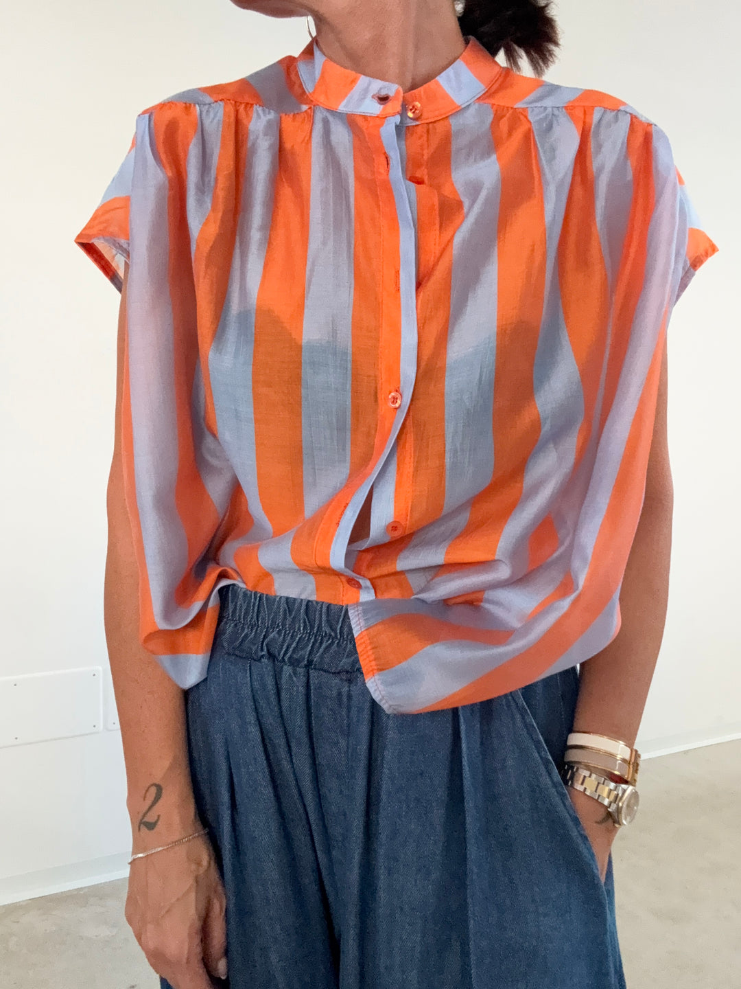 CAMICIA GIROMANICA RIGHE ORANGE/CELESTE