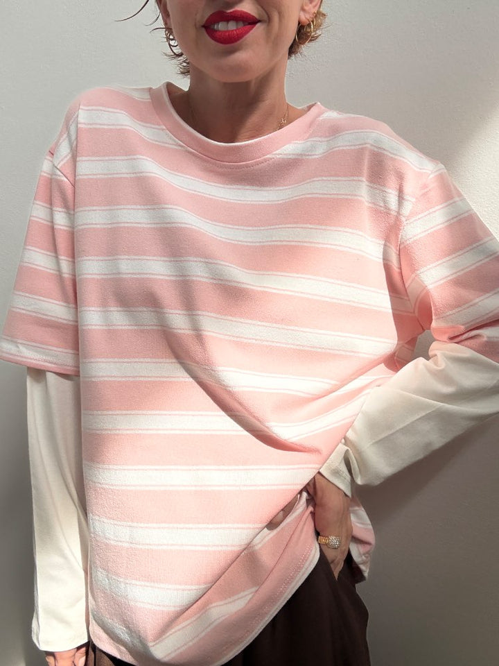 TSHIRT DOPPIA MANICA ROSA/BIANCO