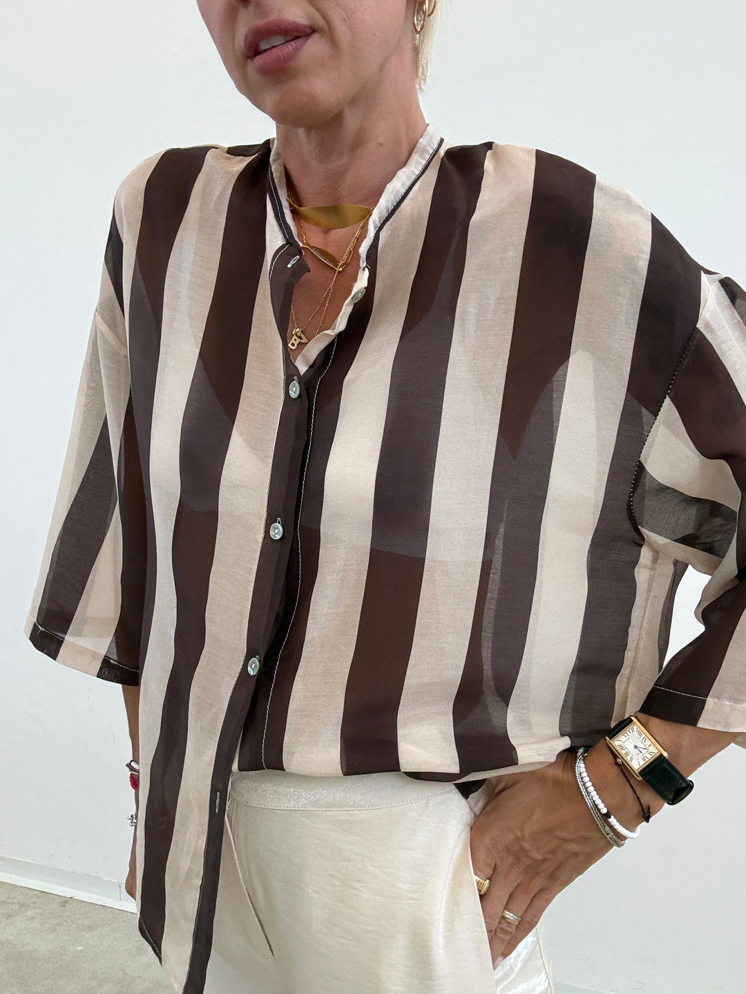 CAMICIA MANICA CORTA RIGHE CIOCCO/ AVORIO
