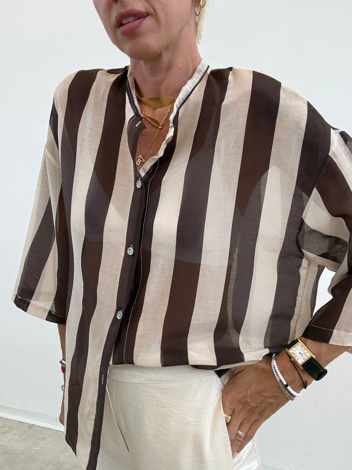CAMICIA MANICA CORTA RIGHE CIOCCO/ AVORIO