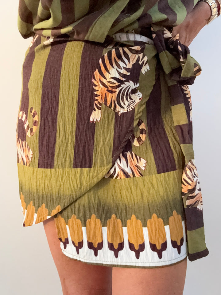 MINIGONNA PAREO TIGER RIGHE OLIO MOKA