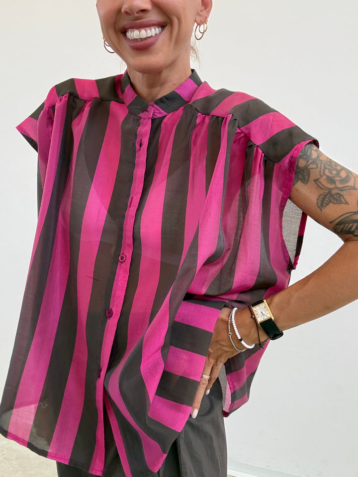 CAMICIA GIROMANICA RIGHE CIOCCO/MAGENTA