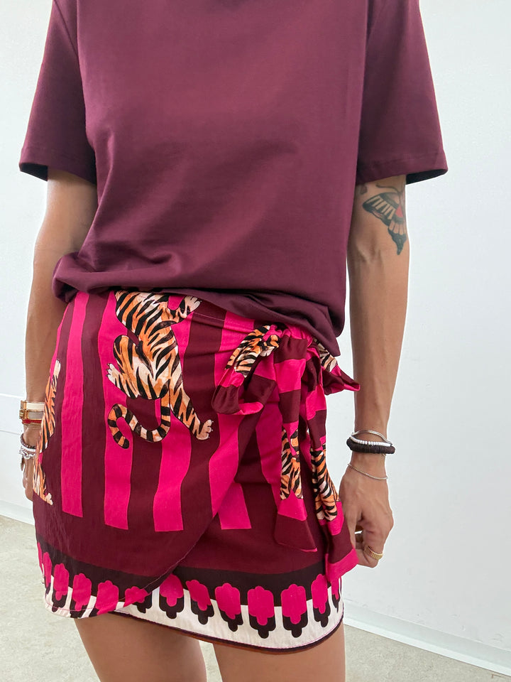 MINIGONNA PAREO RIGHE BORDEAUX FUCSIA TIGRI