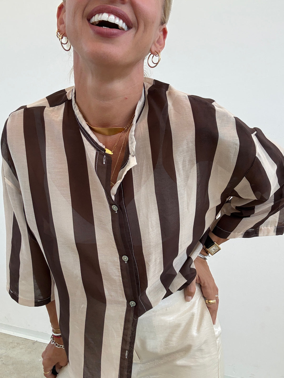 CAMICIA MANICA CORTA RIGHE CIOCCO/ AVORIO