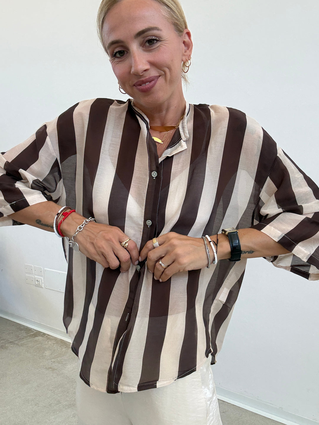 CAMICIA MANICA CORTA RIGHE CIOCCO/ AVORIO
