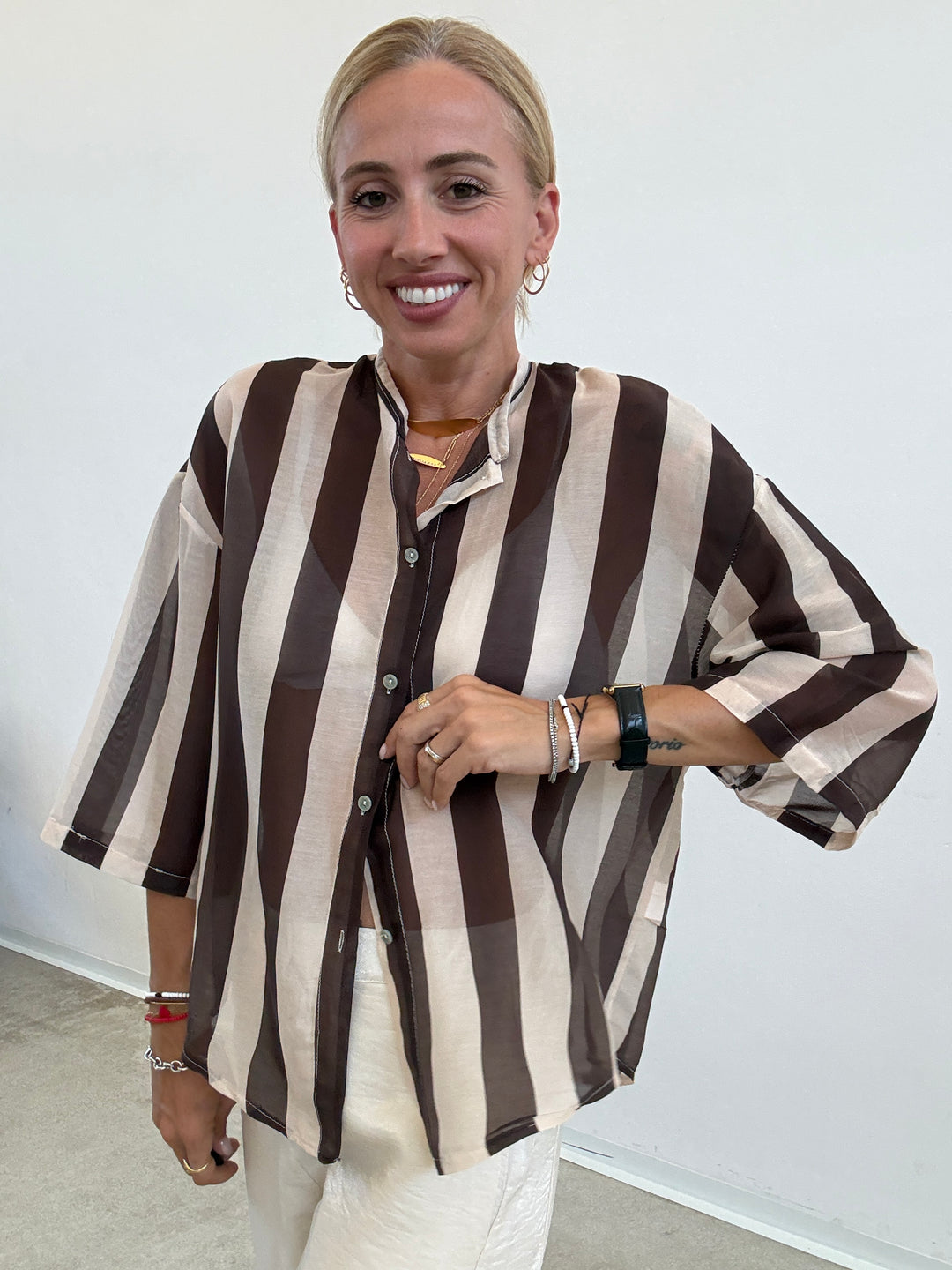 CAMICIA MANICA CORTA RIGHE CIOCCO/ AVORIO