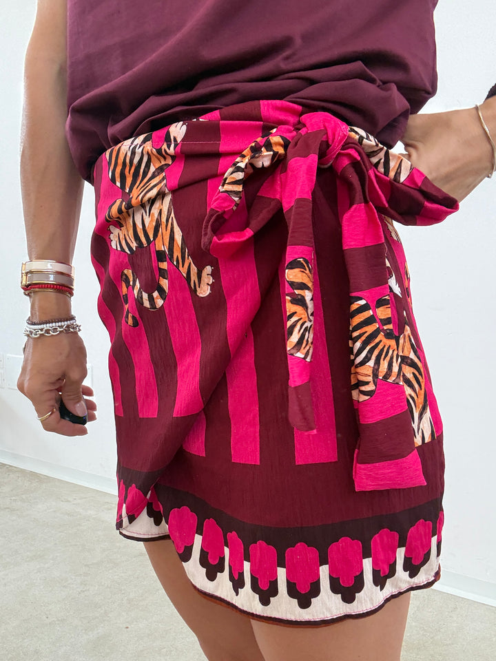 MINIGONNA PAREO RIGHE BORDEAUX FUCSIA TIGRI