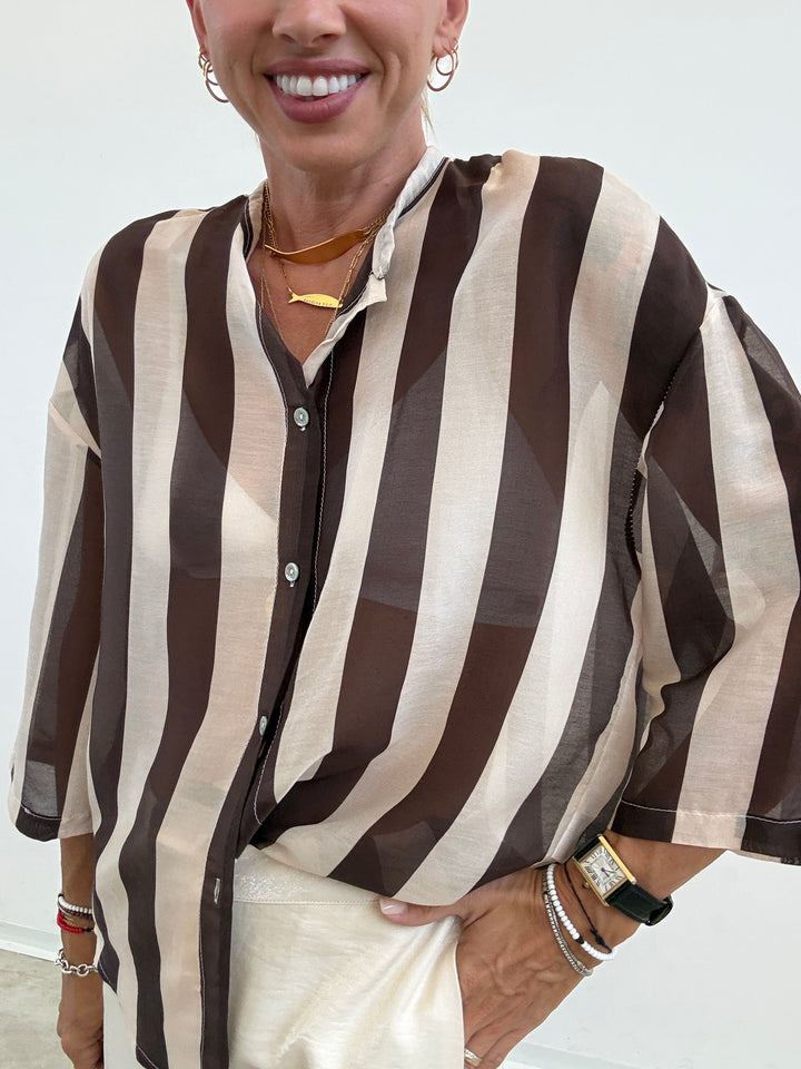 CAMICIA MANICA CORTA RIGHE CIOCCO/ AVORIO