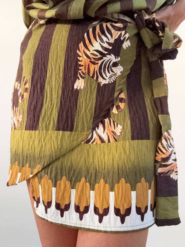 MINIGONNA PAREO TIGER RIGHE OLIO MOKA