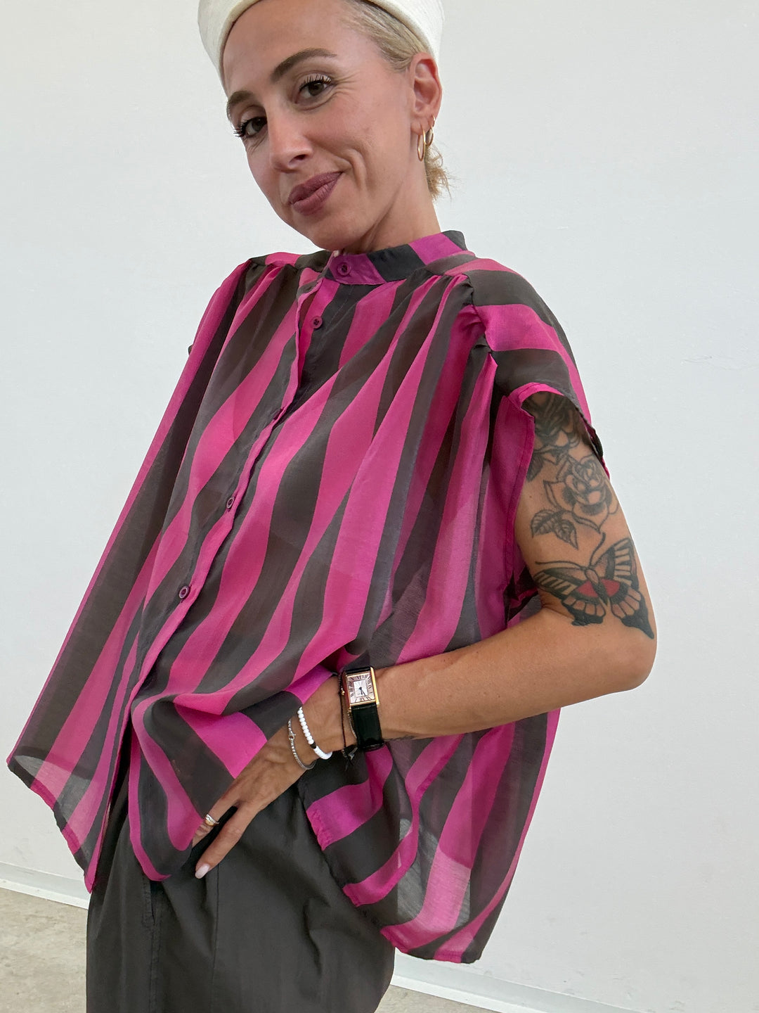 CAMICIA GIROMANICA RIGHE CIOCCO/MAGENTA