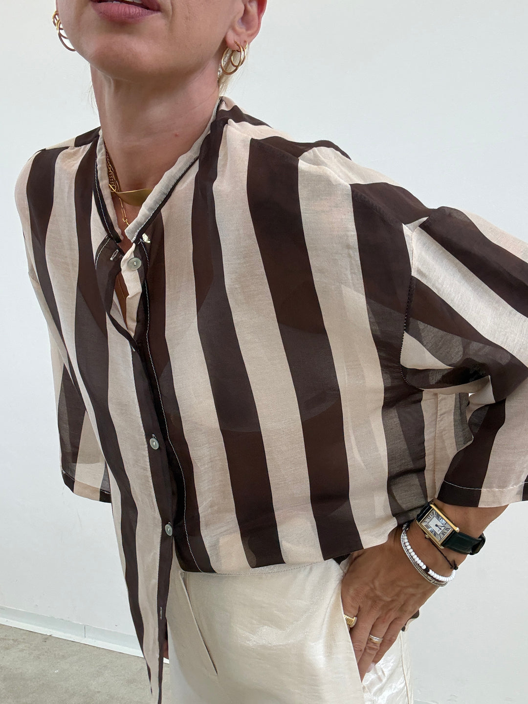 CAMICIA MANICA CORTA RIGHE CIOCCO/ AVORIO