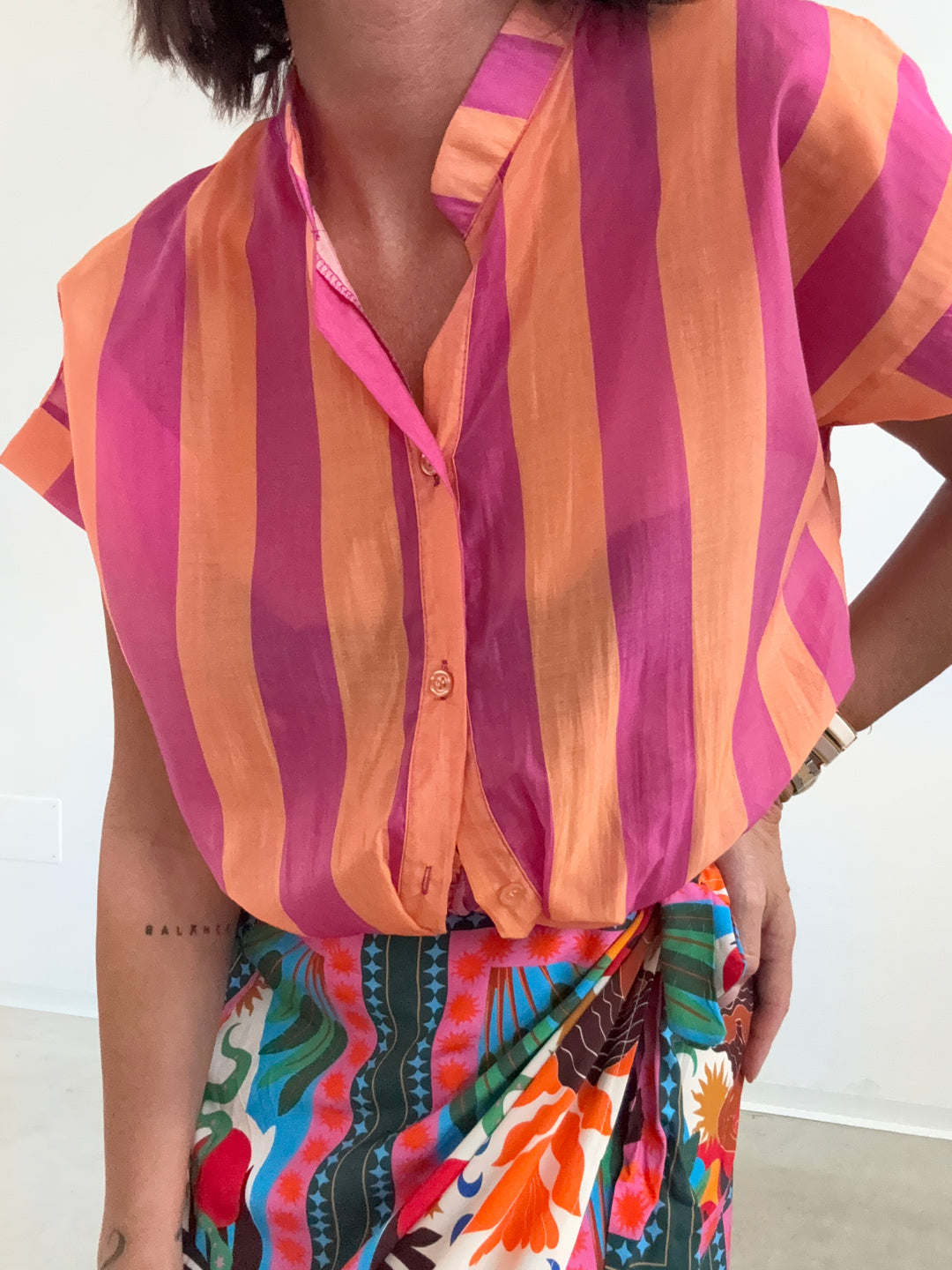 CAMICIA GIROMANICA RIGHE MELONE/FUCSIA