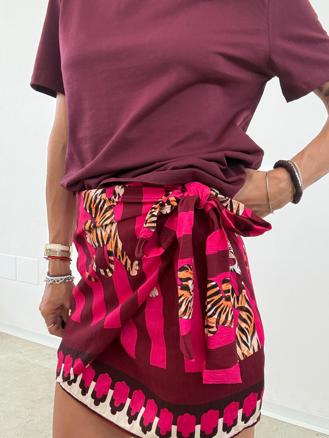 MINIGONNA PAREO RIGHE BORDEAUX FUCSIA TIGRI