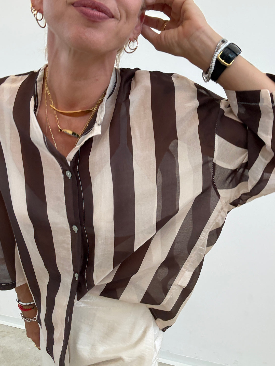 CAMICIA MANICA CORTA RIGHE CIOCCO/ AVORIO