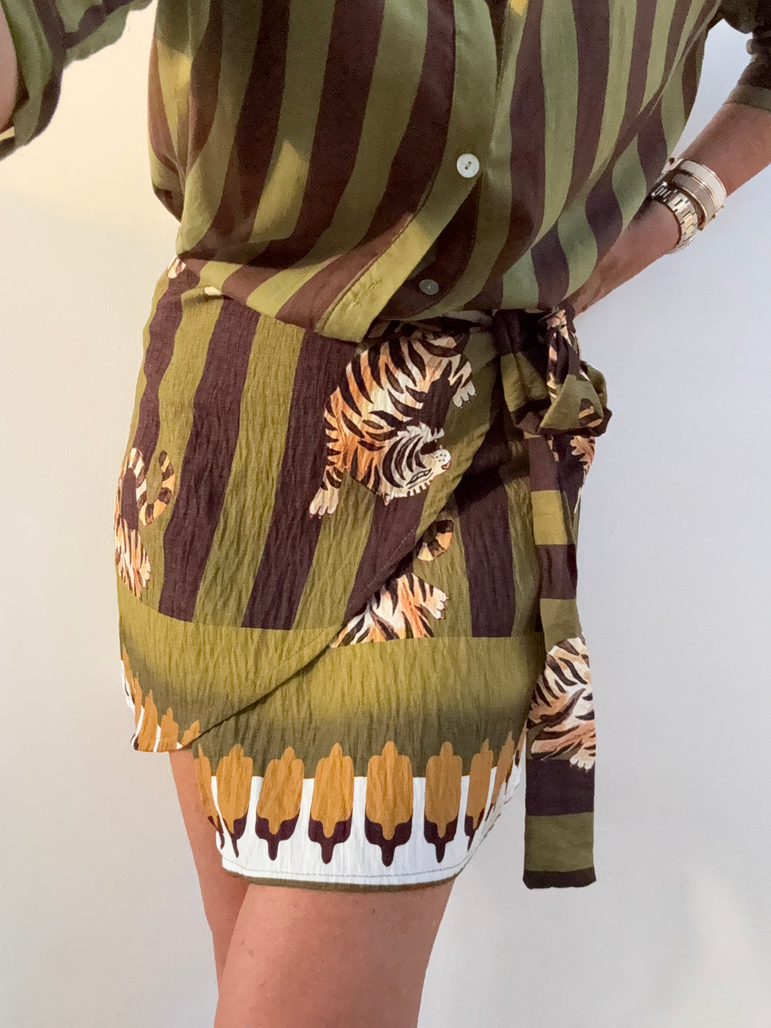 MINIGONNA PAREO TIGER RIGHE OLIO MOKA