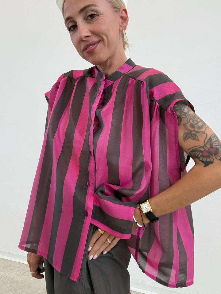 CAMICIA GIROMANICA RIGHE CIOCCO/MAGENTA