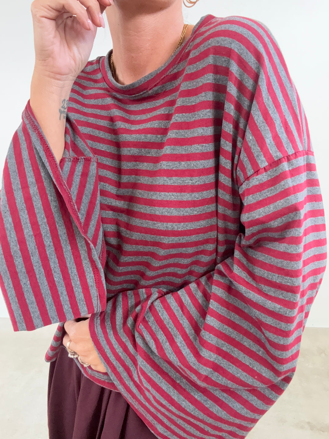 TSHIRT CAMILLA RIGHE BORDEAUX/MIDGREY