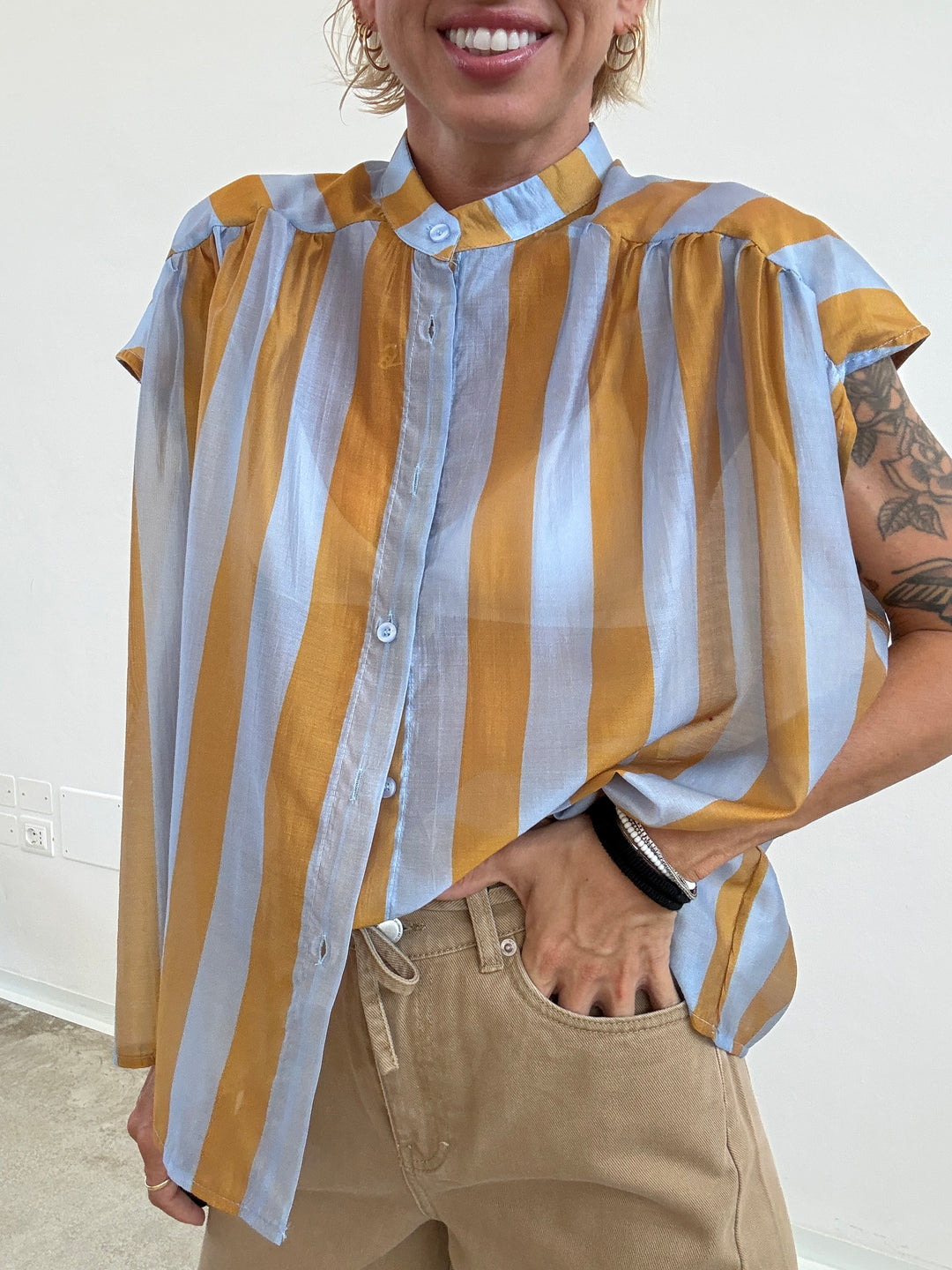 CAMICIA GIROMANICA RIGHE ORO/CELESTE