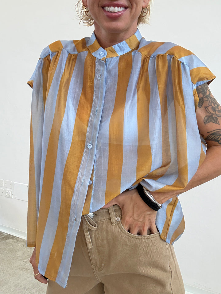 CAMICIA GIROMANICA RIGHE ORO/CELESTE